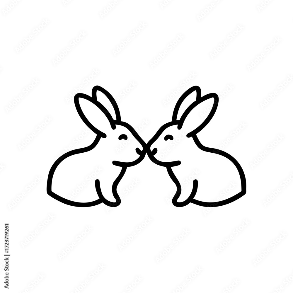Fototapeta premium Two bunnies touching noses in a minimalist line art style 