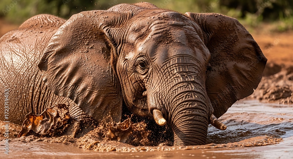 Fototapeta premium Majestic elephant bathes in a muddy waterhole, enjoying refreshing cool