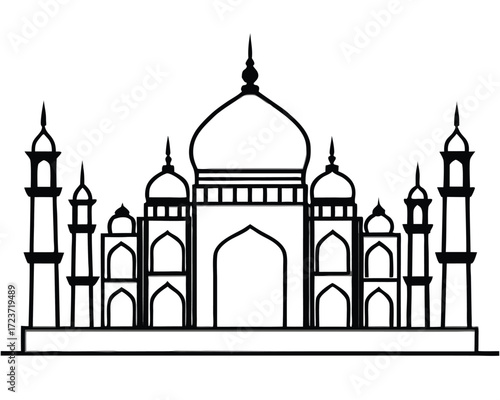 Elegant silhouette outline of a traditional mughal palace with tall minarets