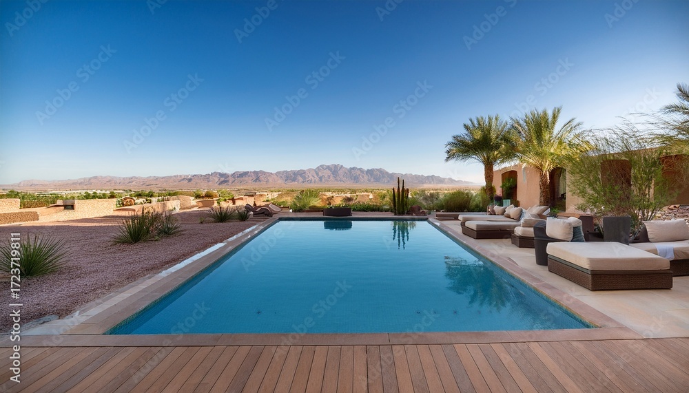 Fototapeta premium a sleek modern patio oasis in a luxurious las vegas home featuring a sparkling infinity pool chic lounge seating and lush greenery amidst a desert backdrop