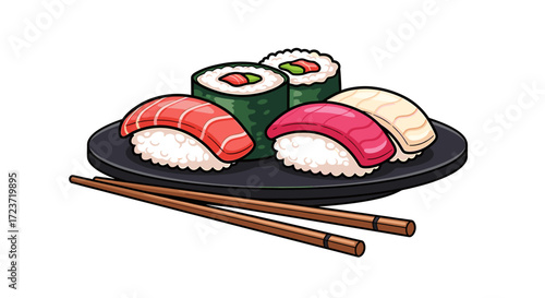 Tasty sushi selection artfully arranged on a plate with chopsticks.
