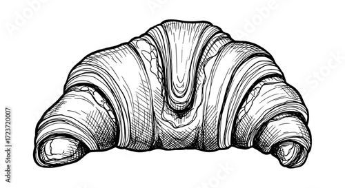 Hand drawn sketch of a delicious, buttery croissant on white