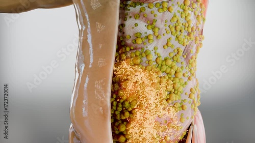 Fat cells burning process under the skin showing before and after effect, weight loss, fat metabolism, body transformation, fitness, obesity reduction, healthy lifestyle, diet and exercise, 3d render