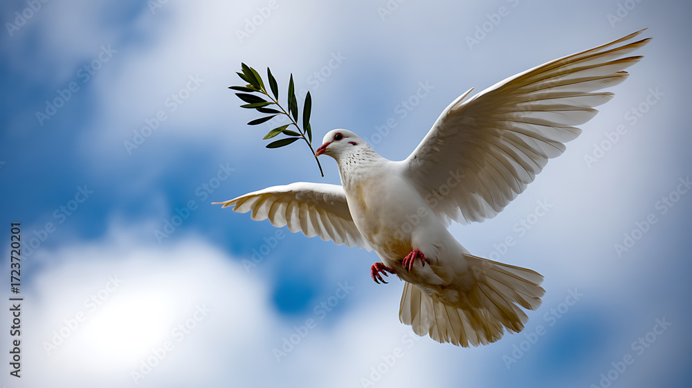Obraz premium White dove in flight carrying an olive branch against a blue sky