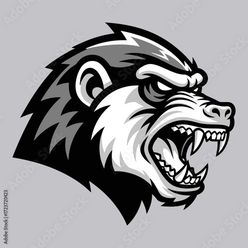 Fierce Gorilla Head with Open Mouth and Sharp Teeth Aggressive Expression.