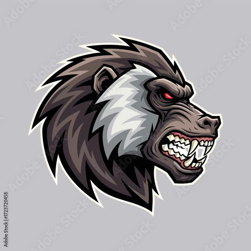 Ferocious Grinning Baboon Head with Red Eyes and Sharp Teeth.