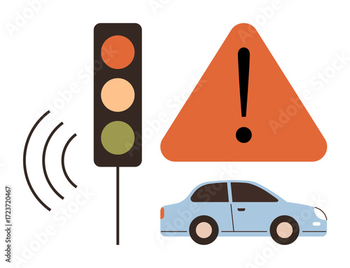 Warning triangle with exclamation mark, traffic light signals, sound waves, blue car. Ideal for road safety, traffic awareness, driving instructions, accident prevention, transport safety caution