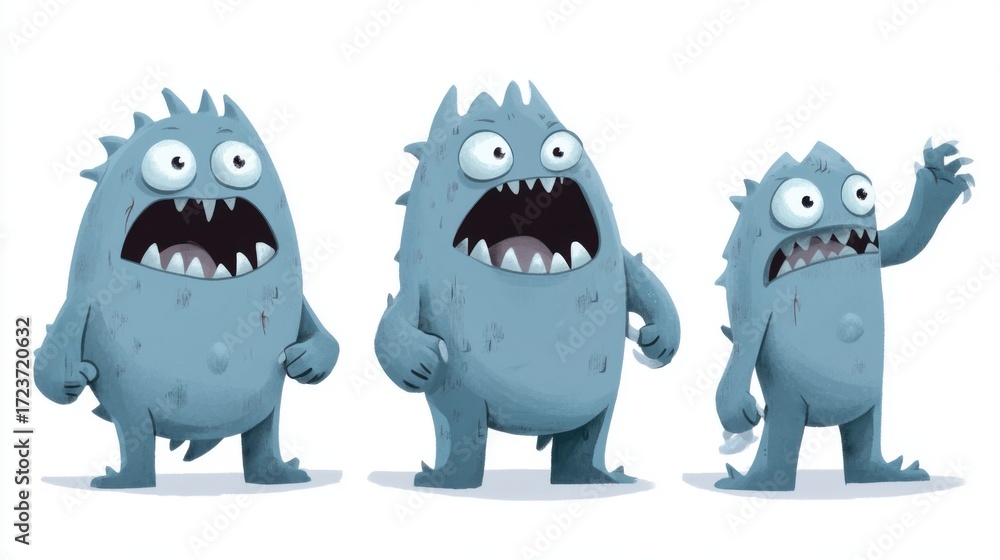 Fototapeta premium Cartoon Blue Monsters Group Animated Characters on White Background