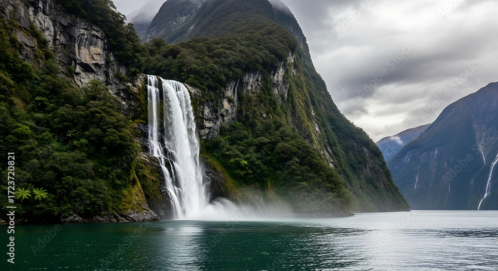 Naklejka premium Majestic Waterfall Cascading into a Serene Lake Surrounded by Lush Mountains.