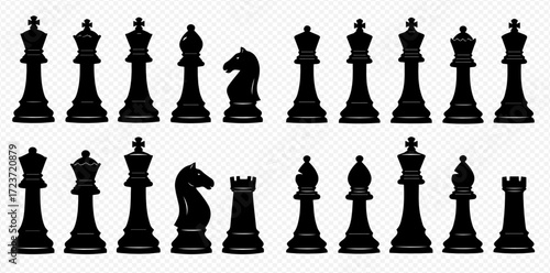 A complete set of black chess pieces arranged in two rows on a transparent background.