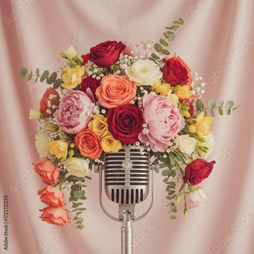 A Vibrant Bouquet of Assorted Flowers Adorning a Vintage Microphone in a Studio Setting