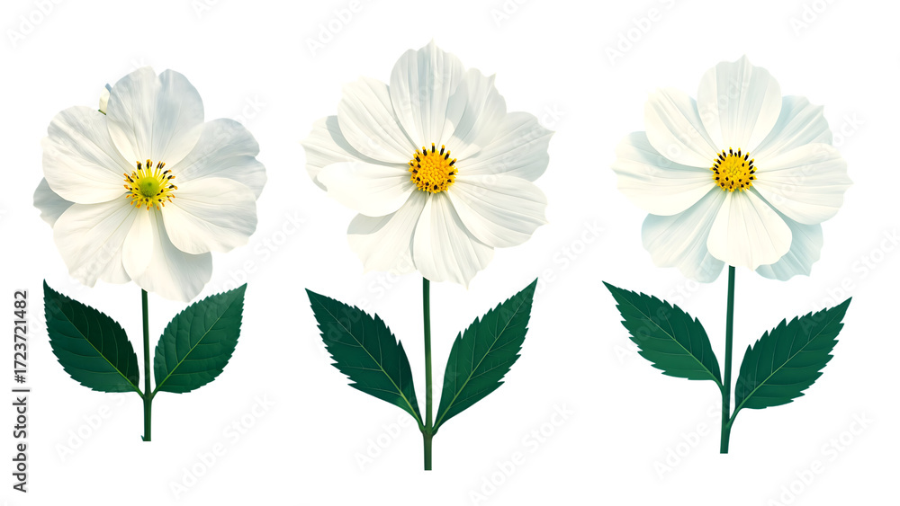 Fototapeta premium Isolated white flowers with lush green leaves on a striking transparent background, perfect for floral design and vibrant botanical compositions