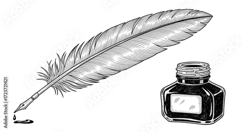 Quill Pen and Ink Bottle: Vintage Writing Still Life Illustration