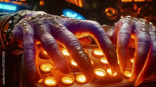 An alien's fingers control the spaceship's controls. Animation with a fantasy and cinema theme.