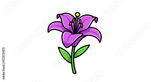 Isolated cartoon purple lily flower with green leaves on white background
