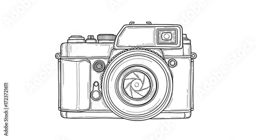 Detailed Black and White Line Drawing of a Vintage Camera