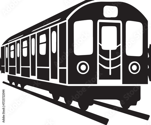 Black and white illustration of a subway train on tracks isolated on white background