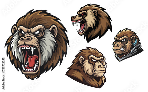 Angry Cartoon Ape Heads in Aggressive Poses.