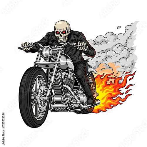 A skeleton with glowing red eyes rides a motorcycle engulfed in flames and smoke.