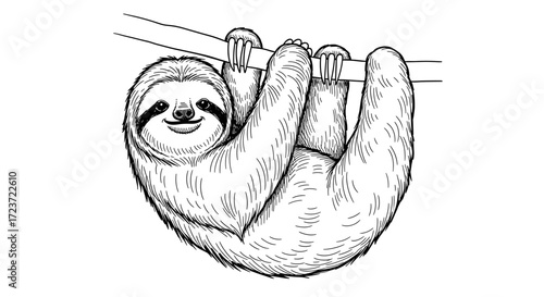 Adorable Sloth Hanging Upside Down on Branch in Line Art Style