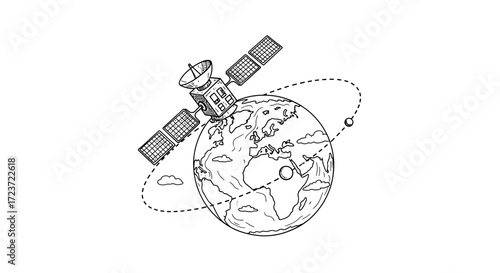 Satellite Orbiting Earth in Hand Drawn Style on White Background