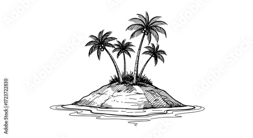 Hand-drawn tropical island with palms trees, in black and white