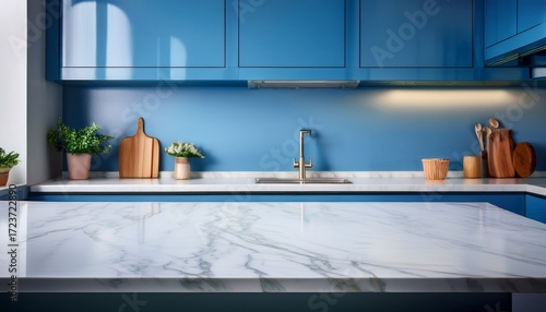 empty white marble counter top in modern kitchen blue color with blurred background high quality photo