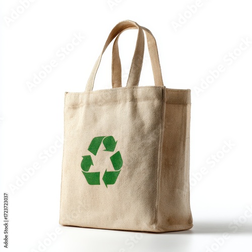 Natural Canvas Tote Bag with Green Recycling Symbol Isolated on a Clean White Background.