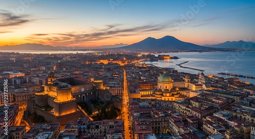 Fototapeta Naklejka Na Ścianę i Meble -  Naples, Italy - Aerial View of Cityscape and Mount Vesuvius at Sunset.