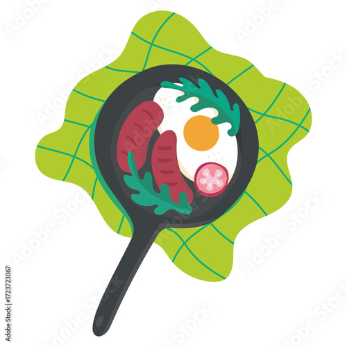 tomato sausage egg vector on frying pan