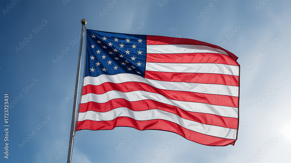 Obraz premium American flag waving in the wind against a clear blue sky