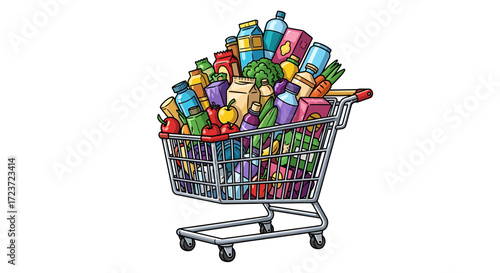 Overfilled shopping cart with groceries illustration against white background.