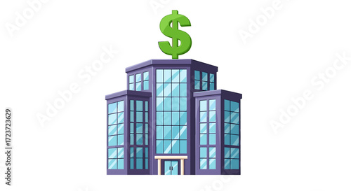 Cartoon bank building with a large dollar sign on top.