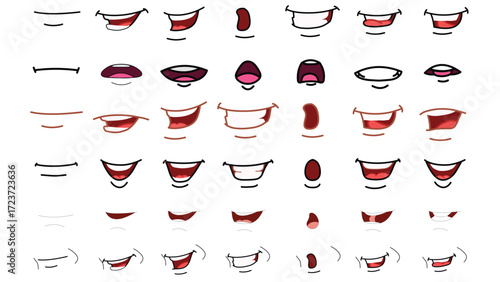 Lips Sync Set. Human lips Collection for lips Animation and synchronization. Sad, Smile, Angry, Laughing Mouth Vector Illustration.