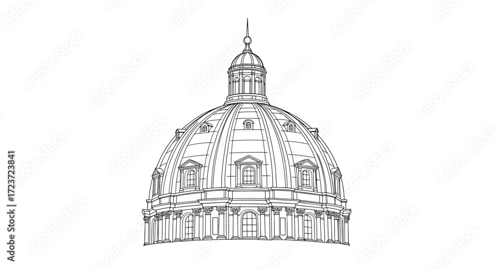 Fototapeta premium Architectural dome line art with minimalist white background illustration