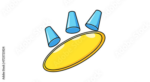 Cartoon Magic: Three Blue Cups Hovering Above a Shiny Yellow Disc