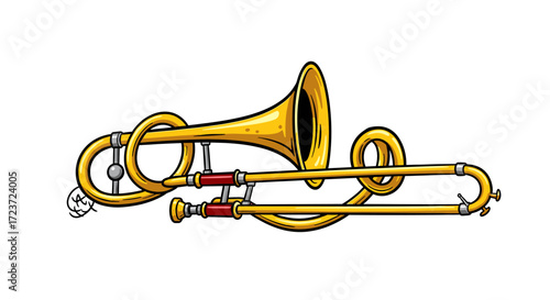 Vibrant cartoon illustration of a golden trombone on a white background.