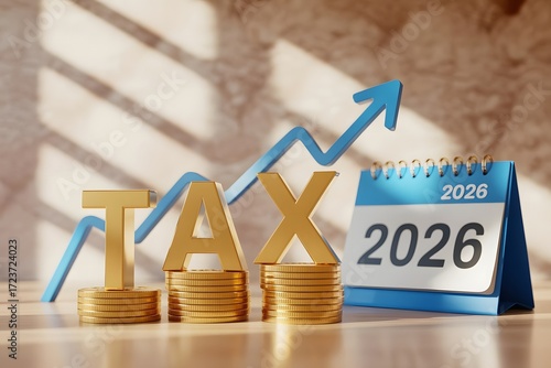 Golden tax letters with stacked coins and a blue upward trending arrow graph next to a 2026 calendar symbolizing financial growth and tax season planning