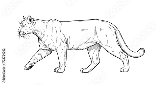 Black and White Illustration of a Strolling Mountain Lion
