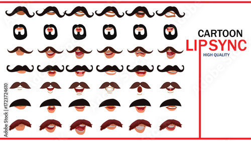 Lips Sync Set. Human lips Collection for lips Animation and synchronization. Sad, Smile, Angry, Laughing Mouth Vector Illustration.