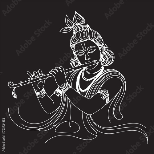 Continuous Simple black line art drawing of a lord krishna in a minimalist style on a white background.