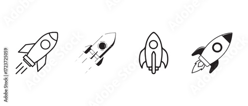 Rocket icon set, business start up symbol, rocket launching sign, minimalist black and white rocket icon,  Vector illustration EPS 10.