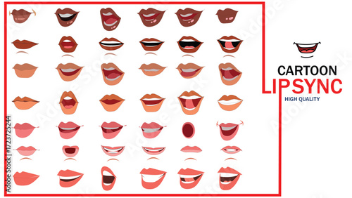 Lips Sync Set. Human lips Collection for lips Animation and synchronization. Sad, Smile, Angry, Laughing Mouth Vector Illustration.