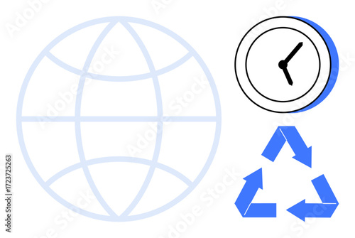 Globe outline, recycling arrows, and clock highlight time, environmental care, sustainability, and global responsibility. Ideal for ecology, recycling, time conservation awareness global impact
