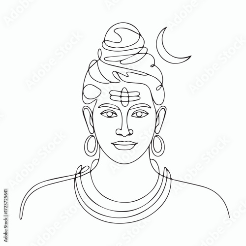 Continuous Simple black line art drawing of a lord shiva in a minimalist style on a white background.