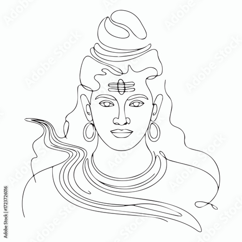 Continuous Simple black line art drawing of a lord shiva in a minimalist style on a white background.