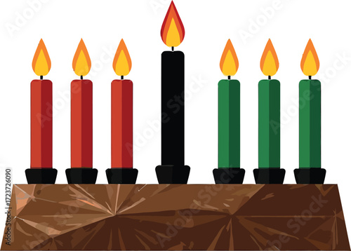 Stylized Kwanzaa Kinara with Seven Lit Candles - African American Heritage, Cultural Celebration, Vector Art