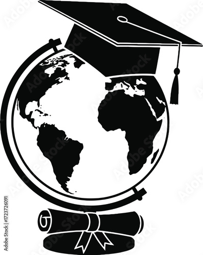 Global education concept: Graduation cap on world globe and diploma scroll illustration