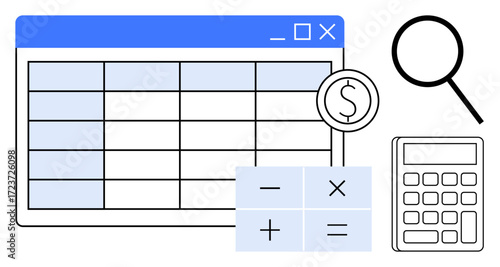 Spreadsheet window, dollar icon, magnifying glass, calculator, and mathematical symbols. Ideal for finance, accounting, budgeting, data management auditing business planning and simple flat