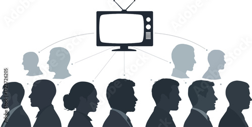 Television influences audience opinions represented by people silhouettes line up